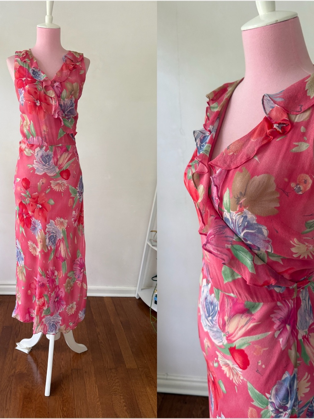 Pink Floral Ruffle Wrap Slip Dress Ralph Lauren Small